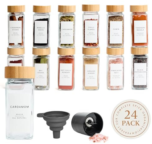 Livabl Glass Spice Jars with Lids and Labels – 24 Bamboo Lid Spice Containers - 120ml Airtight Jars with 360 White UK Designed Waterproof Pre-Printed Labels - Complete Herb, Seasoning & Spices Storage