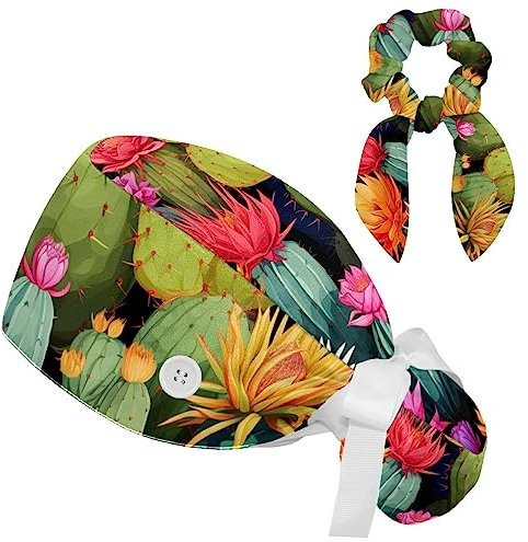 HOHODIY Cactus Scrub Cap with Scrunchy and Buttons for Long Hair, Adjustable Working Hat Ponytail Hats for Women, Mehrfarbig 18, M/L