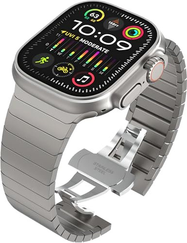 Titane Bracelet en MéTal Compatible avec Apple Watch Ultra/Ultra 2, SE, Serie 10/9/8/7/6/5/4/3/2/1 49mm 46mm 45mm 44mm 42mm 41mm 40mm 38mm, Bracelet en acier inoxydable pour iWatch