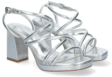 shoes&blues.es 80734-Sandalias de Mujer de Fiesta, con Tiras entrecruzadas con Brillantes, Tacon Cuadrado Metalizado y Cierre de Hebilla Ajustable. Talla 38 Plata