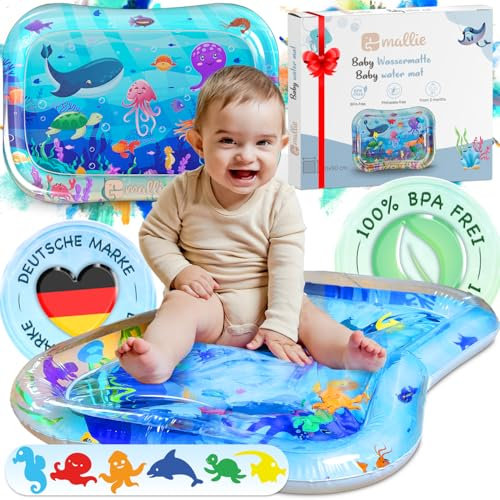 Mallie® Wassermatte Baby 66x50 CM [100% BPA & Schadstoff-Frei] ab 3, 6 und 9 Monate im Ozean Blau Design I Baby Spielzeug, Spielzeug Ab 6 Monate als Wassermatte Baby und Baby Spielzeug 6 Monate