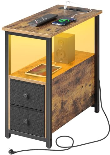 Rolanstar Beistelltisch mit Steckdosenleiste, Schmaler Nachttisch mit 2 Schubladen, Sofatisch aus Holz für kleine Räume Wohnzimmer Schlafzimmer, Vintagebraun, 58L x 28B x 60H cm