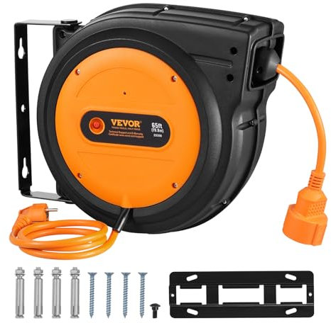 VEVOR Avvolgicavo Prolunga Retrattile, 19m, 1600W con Cavo di Alimentazione da 1m Protezione da Surriscaldamento, Guscio in PP, Staffa Girevole a 180° per Montaggio a Soffitto o a Parete