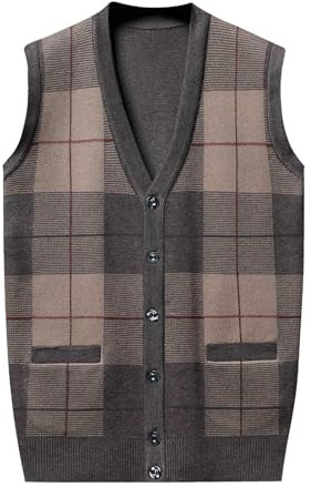 Mens Plain V-Neck Sleeveless Knitted Vest Men's Sweater Vest Sleeveless Jumper Classic Knitwear Pullover Twisted Knitted Pullover Regular Fit Winter Coffee L