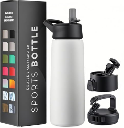 750ml Stainless Steel Insulated Water Bottle - Triple Walled, Leakproof - 3 Lids (Straw, Flip Top, Wide Mouth) - Keeps Drinks Hot 12H/Cold 24H - Gym, Travel, Hiking, School (Pure Pearly White)