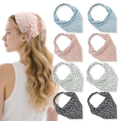 FUIPVGI 8 Piezas Pañuelo Flor Pañuelos Cabeza Mujer Pañuelo Triángulo Para Mujer Bandana Pañuelo Cabeza Diadema Floral Diadema Bohemia, Elásticos Cabeza de Gasa para Las Mujeres y Las Niñas.
