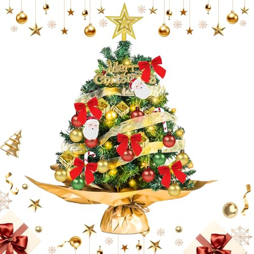 PlsMupn Albero di Natale Piccolo con Luci Incorporate, Mini Albero di Natale 60cm con 40 Decorazioni Natalizie, per la Tavola, Decorazione per Natale e Capodanno, Casa e Ufficio