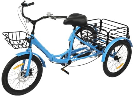 Mqwdxzfes 20 Zoll Faltbares Dreirad für Erwachsene, 7-Gang 3-Rad Fahrrad mit Vor- und Rückkorb, Schloss & Verstellbarer Sitz, Einkauffahrrad Seniorenfahrrad für Einkaufen, Freizeit, Sport