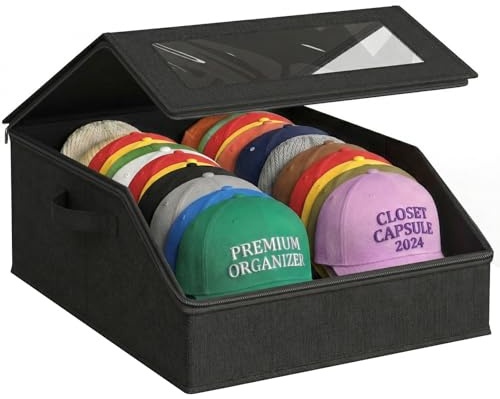 AURIVISTA Hat Storage Box for Baseball Caps, Holds up to 24 Caps,Black | Stackable Hat Organizer for Closet, Dustproof Hat Box with Clear Window, Hollow Board Support & 2 Handles, Flip-Top Access