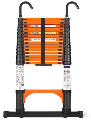 14.5FT Telescoping Extension Ladder for RV Attic Home, Multi-Purpose Collapsible Ladder with Non-Slip Feet, Lightweight Retractable Telescopic Ladder with 2 Triangle Stabilizers & Safety J-Hook