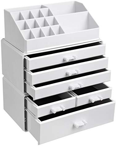 SONGMICS Organizer Trucchi con 6 Cassetti, Grande Organizzatore per Cosmetici in Acrilico, per Tavolozza, Pennello, Fondotinta, Rossetto, Smalto per Unghie, Forcine, Bianco JKA009WT
