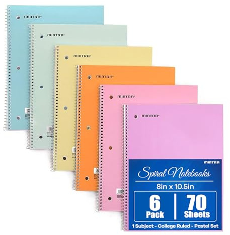 Mintra Office Spiral Notebooks, Wirebound, Journals for School, Work, Business, Aesthetic Stationery, Writing Pads, Teacher & Student Supplies (6, Pastel, College)
