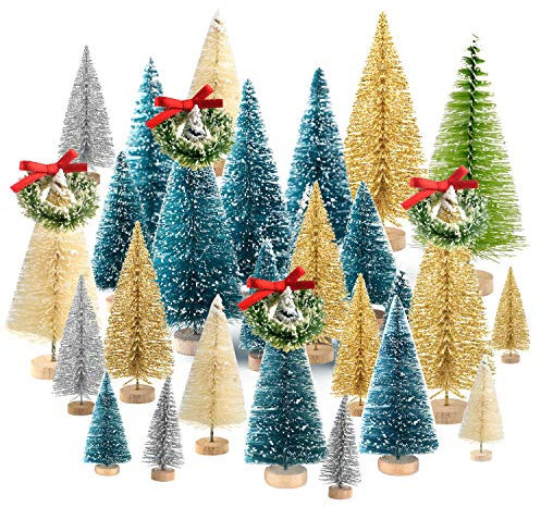 KUUQA 36Pcs Bottle Brush Trees Set, Diorama Trees Mini Sisal Christmas Trees with Christmas Wreaths for Christmas Table Decorations, DIY Room Décor