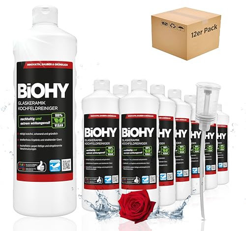 BiOHY Nettoyant pour plaques de Cuisson en vitrocéramique (12 x 1l Bouteille) + Distributeur | pour des plaques de Cuisson brillamment Propres (Kochfeldreiniger)