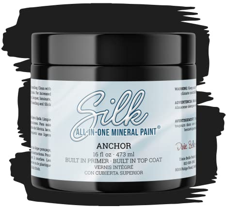 Dixie Belle Silk All-in-One Mineral Paint - Anchor (16 Fl Oz) - Black Water Based Built-In Primer + Topcoat for Wood + Metal - Durable Furniture Paint - Low Reflective Finish