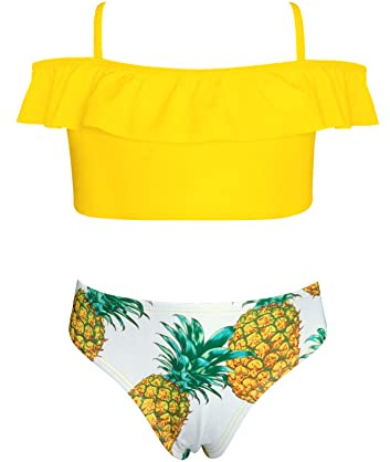 SHEKINI Maillots de Bain Deux Pièces Filles Volants Réglable Bikini Top Tankini Set Enfant Filles 2 Pièces Imprimé Triangle Bas de Bikini de Plage pour 6-14 Ans（6 Ans，Jaune Citron）