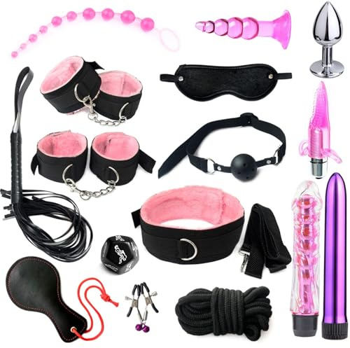BDSMJOY Menottes Sex Lit BDSMs Set Accessoires 16 PCS,Parfait Kit BDSM avec Cravache Menottes Sexy érotique Plugs Anals Gode Godemichets Cordes Collier BDSM Kit Bondage Vibromasseur, Femme (Rose)