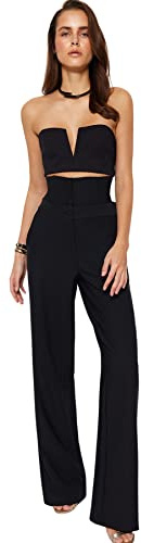 Trendyol Pantalon Taille Haute Jambe Large Coupe régulière pour Femme, Noir, 66