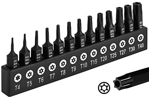DAKCOS Torx Bit Set 13-teiliges T4, T5, T6, T7, T8, T9, T10, T15, T20, T25, T27, T30, T40, Schrauber Bit Set Torx aus S2 Stahl, T-Profil mit bohrung, Länge: 25 mm
