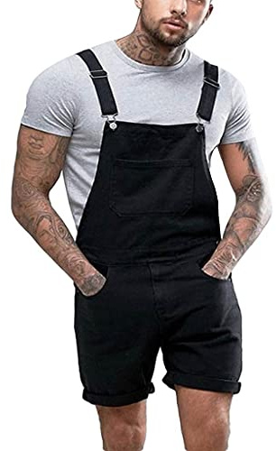 Beokeuioe Salopette corta da uomo, in jeans, retrò, in denim, skinny fit, con pietre lavate, streetwear, pantaloni da lavoro, jeans corti, C nero., XL