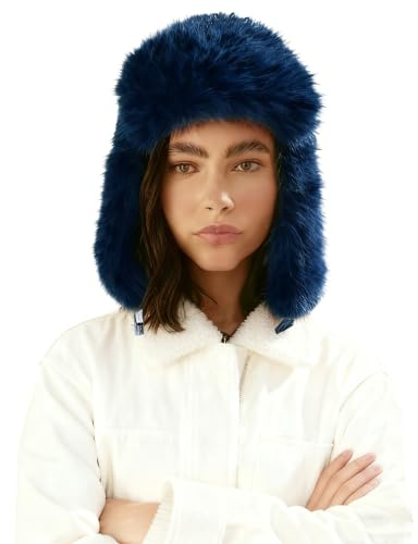 Lina & Lily Gorro de Aviador Trampero Invierno Mujer de Piel Sintética Larga (Azul Noche)