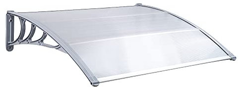 Mingone Auvent de Porte d’entrée Transparent Marquise de Porte Extérieure Auvent en Polycarbonate Anti-UV Anti-Pluie Porche Ombre Toit Terrasse Peint Support en Métal, 150x100cm, Gris-Transparent