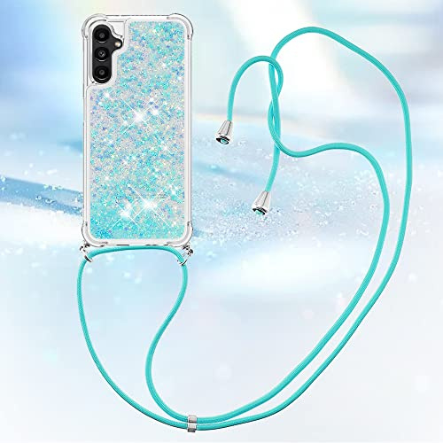 IMIRST Lanyardfodral kompatibelt med Samsung A14 Bling flytande glitter silikonskal stötsäkert Kawaii-skydd med sladd halsband fodral för Samsung Galaxy A14 4G/5G. LP Stjärna Blå