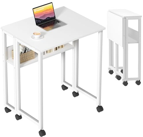 GreenForest Small Folding Desk with Storage Shelf,80 cm Computer Rolling Desk on Wheels Easy Assembly,Foldable desk for Small Space,White