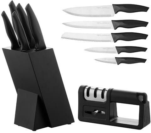FLORINA Set di Blocco Coltelli con Affilatore I Set Coltelli in Acciaio Inossidabile ALLIO I Coltello da Cuoco, Coltello Universale, Coltello per il Pane, Coltello per Verdure, Coltello per Carne