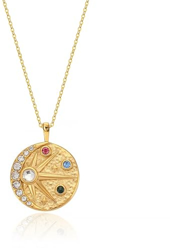 18k Gold Plated Sun and Moon Coin Pendant Necklace for Women Colorful CZ Crescent Moon Medallion Charm Necklace Dainty Star Celestial Zodiac Jewelry 16.5’’