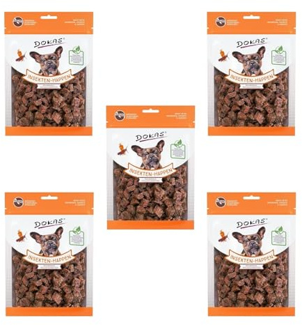 Dokas Dog Bocconcini di Insetti con larve di tarme, grilli e carote | Confezione da 5 | 5 x 100 g | Snack per cani come ricompensa tra i pasti abituali | Proteiche alternative