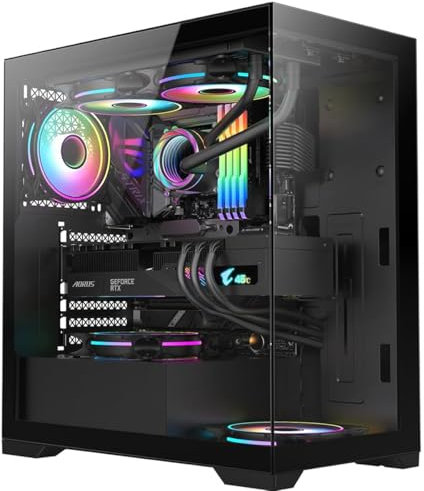 Combrite VIEW Gaming PC Case, Mid Tower ATX, Tempered Glass Panels, GPU Holder, 3x 120mm Addressable ARGB LED Fans (Black)