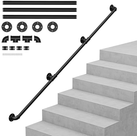 OUNUO Wall Handrail for Stairs Steps, Black Metal Industrial Pipe Staircase Handrail for Indoor Outdoor Wall Mount Support, Wall Hand Railing,Safety Handle (Black, 300cm)