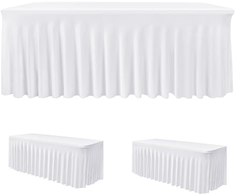 HolidayIdeas 2 Pack Spandex Table Skirt for 6 Ft Rectangle Tables, White Fitted Stretch Tablecloth 30 x 72 Inch, Wrinkle Resistant Ruffle Design for Wedding Banquets, Baby Showers, Parties