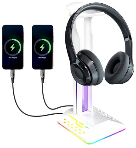 LEKEFETO Soporte para auriculares RGB para videojuegos: soporte para auriculares RGB con 2 puertos USB + tipo C, iluminación LED, soporte universal para todos los auriculares (PC, PS5, Xbox), color
