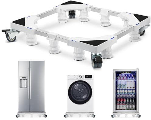 Humagineer Carrello per Lavatrice Migliorato, Regolabile da 61 a 78cm, Capacità di 300kg, Supporto Stabile per Asciugatrici con 10 Piedi e 4 Ruote per Mobili, Lavatrici più Grandi, Frigoriferi, Bianco