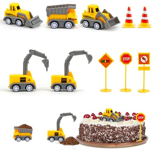 Baustellenfahrzeuge Kinder, 10 Stück Bagger Tortendeko, Mini Bagger Kuchendeko Spielzeug mit Verkehrsschildern, Baufahrzeuge für Geburtstag Junge Mädchen 2 3 4 5 Jahre