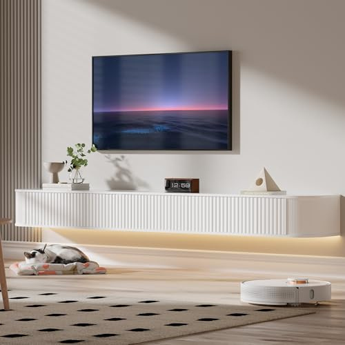 PURFINO Schwebender TV Schrank mit RGB-LED-Leuchten – 200CM Wandmontierter Fernsehschrank Weiss mit 31cm Tiefe und Verbessertem Stauraum, Moderne TV Unterschrank für 75-85 Zoll Fernseher