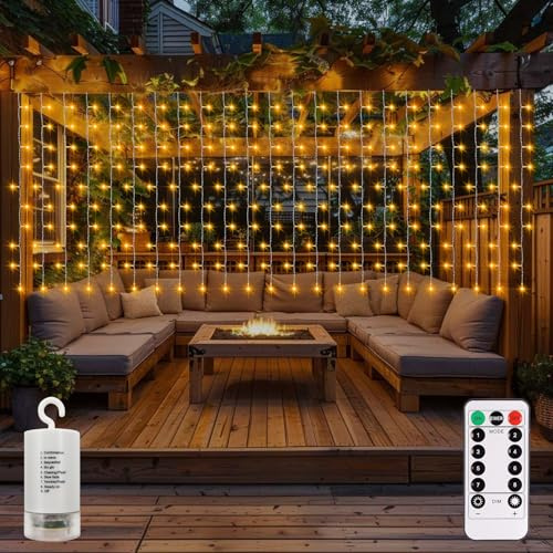 CCILAND Luci per tende a LED a batteria, 6 m x 1 m, 300 LED, luci per tende da esterno impermeabili, con telecomando, 8 modalità, timer dimmerabile, per giardino, recinzione, gazebo, decorazione per