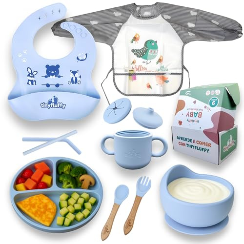 Tinyfluffy - Vajilla Bebe Silicona - Cubiertos Bebe 6 Meses - Platos Bebe Ventosa - Blw Utensilios - Vajilla Infantil - Alimentacion Complementaria Bebe - Cubiertos Infantiles - Babero Silicona azul