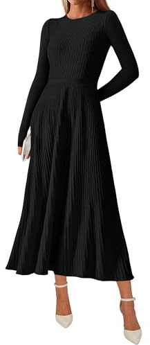 KIRUNDO Women Sweater Dress Holiday Ribbed Knit Long Sleeve Slimming Maxi Dress Fall Pleated Elegant A Line Winter Dresses(Black, Medium)