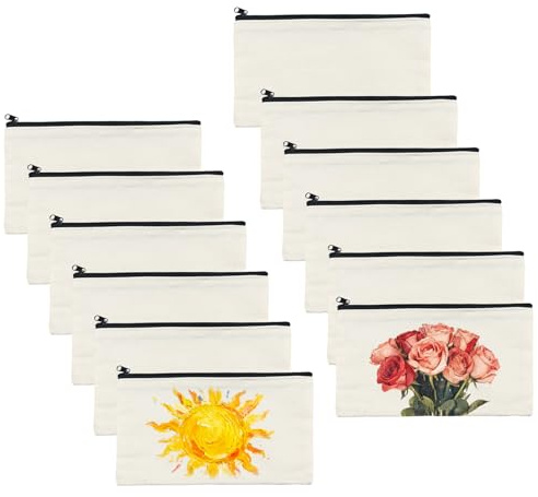 Lot de 12 DIY Pochette Tissu Zippée Vierge, 20.8×12CM Trousse en Toile, Pochette Rangement de Tissu, Petite Trousse Maquillage, Trousses à Crayons Personnalisable pour Activités Classe Enfant Scolaire