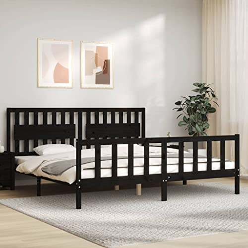 Hoopleep Massivt trä furusäng med sänggavel, svart, 200 x 200 cm king size-plattform-sängram, robust träsäng med ribbotten för sovrum, madrassstöd