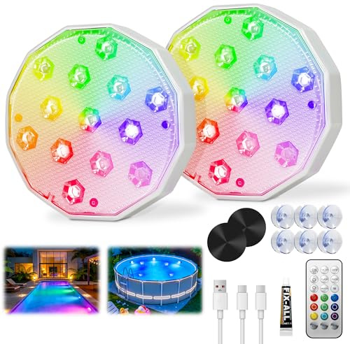 Ollny Lampe de piscine Magnétique, 2 Lumiere LED RGB Submersibles Rechargeables, Éclairage Flottant pour Piscine, avec Télécommande, Étanches IP67, Lampe Piscine pour Baignoire Étang Fête