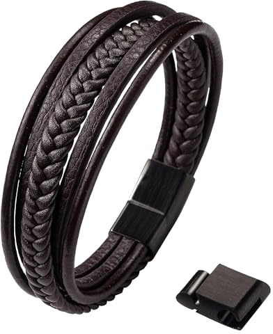 Zinello Design Läderarmband för tonårspojkar/unga män, äkta läder, magnetiskt lås i rostfritt stål, justerbar storlek 14–18,5 cm, presentförpackning