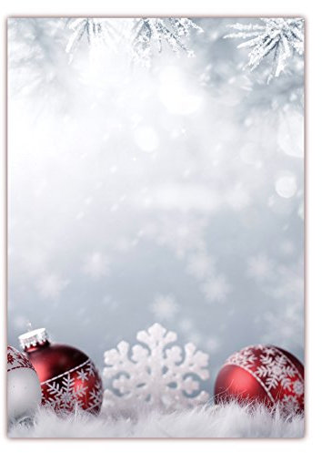 Motivpapier Briefpapier (Weihnachten-5179, DIN A4, 100 Blatt) - Weihnachtspapier rote Weihnachtskugeln im Schnee