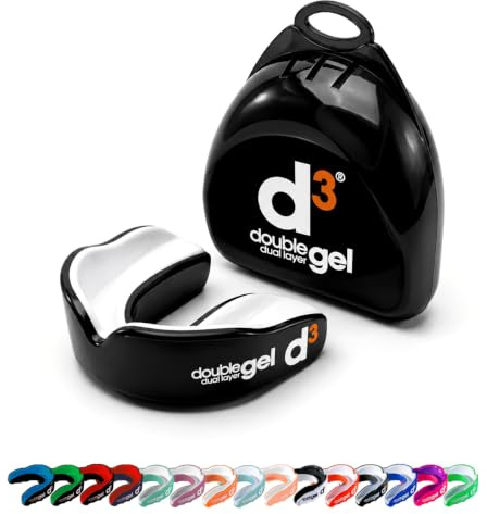 d3 Double Gel Mouthguard wth Case, Adults and Junior Gum Shield for Boxing, MMA, Contact Sports, Rugby, Martial Arts, Judo, Karate, Hockey (Black/White, Youth (Under 12))