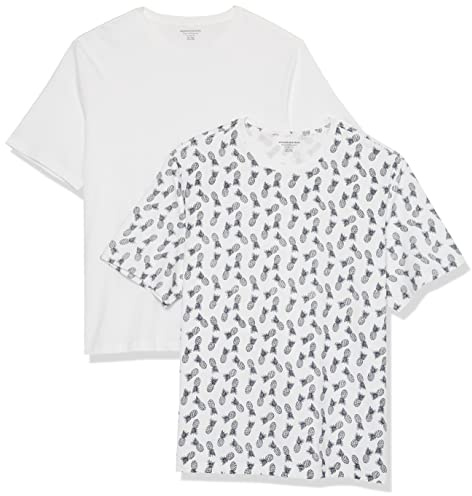 Amazon Essentials T-shirt en Coton à Col Rond à Manches Courtes, Coupe Classique Homme, Lot de 2, Blanc Imprimé Ananas/Blanc Vif, S
