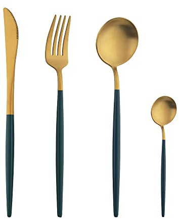 TUPMFG 16 Pieces Deep Green Handle Cutlery Sets, Matte Flatware Set Service for 4, Stainless Steel Silverware Set with Knives Forks Spoons, Dishwasher Safe