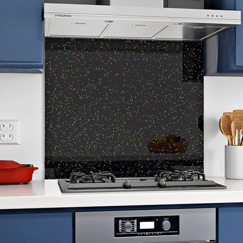 BELOFAY 6mm Tempered Glass Splashback for Kitchen, Toughened Glass Heat Resistant Splashbacks for Cookers (60x80, Black Sparkles)